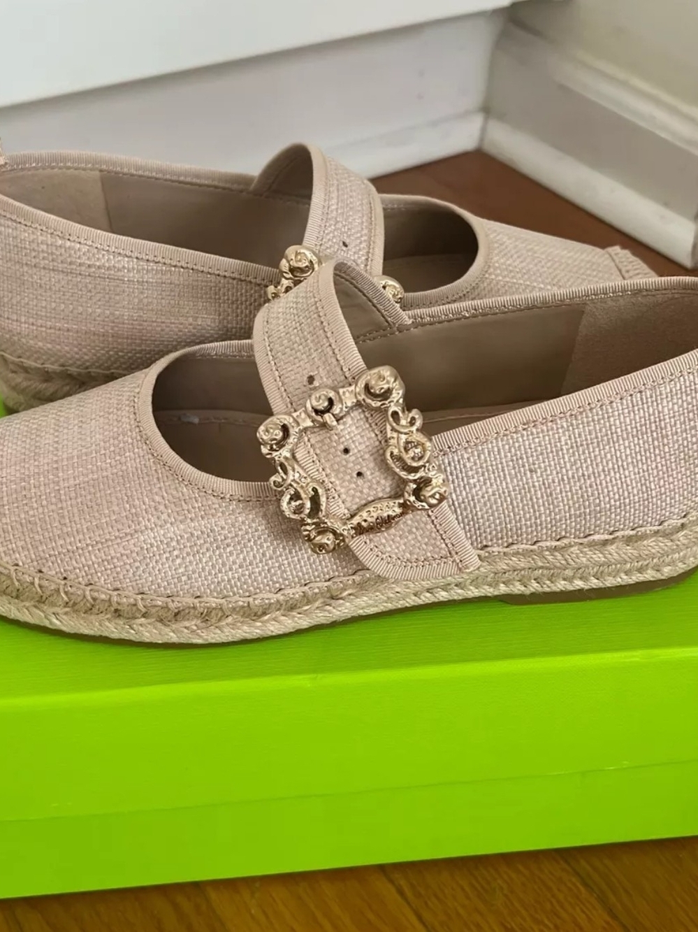 Sam Edelman Cream Espadrille Flats with Ornate Gold Buckle